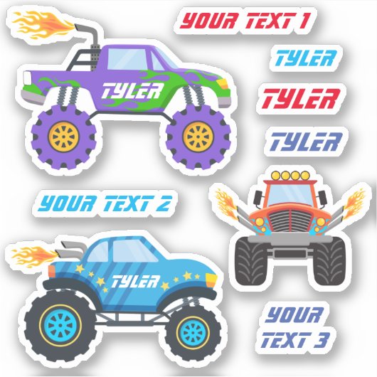 3 Monster-LKW mit Flammen, Namen und Textlinien Aufkleber (Vorderseite)