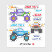 3 Monster-LKW mit Flammen, Namen und Textlinien Aufkleber (Blatt)