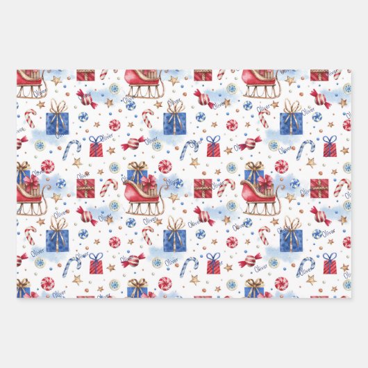 3 Namen, Matching Blue Red 19x29, Winter Holiday Geschenkpapier Set (Vorderseite 3)