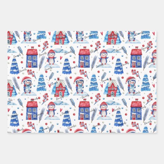3 Namen, Matching Blue Red 19x29, Winter Holiday Geschenkpapier Set (Vorderseite 2)