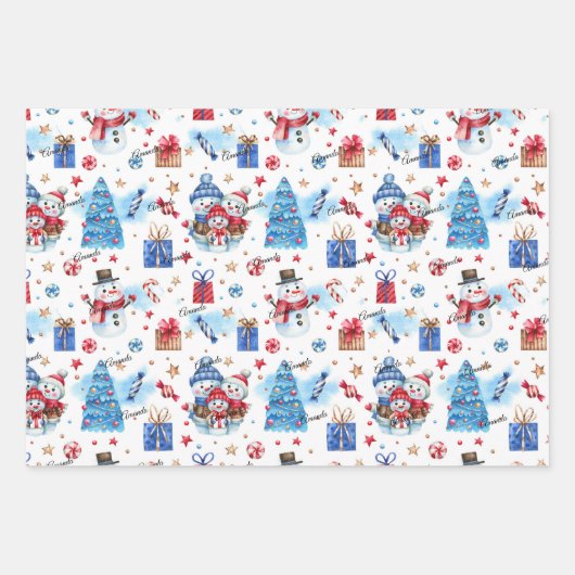 3 Namen, Matching Blue Red 19x29, Winter Holiday Geschenkpapier Set (Vorderseite)