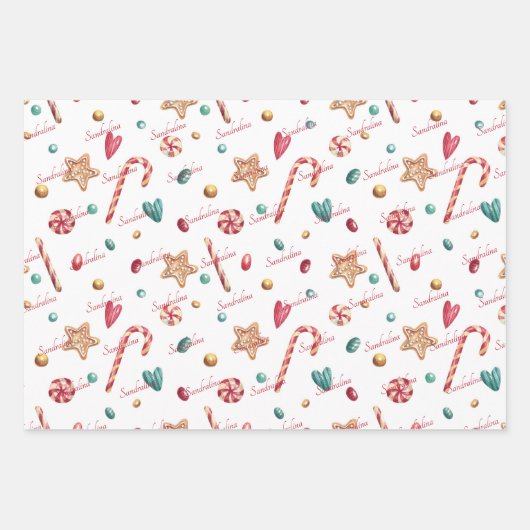 3 Namen Niedlich Matching Weihnachtscreme 19x29 Geschenkpapier Set (Vorderseite 2)