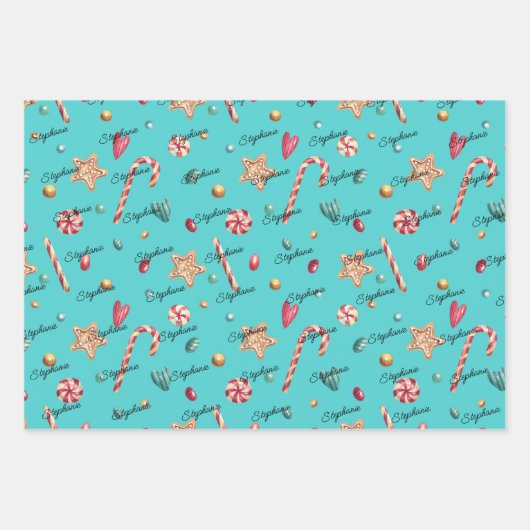 3 Namen Niedlich Matching Weihnachtscreme 19x29 Geschenkpapier Set (Vorderseite)