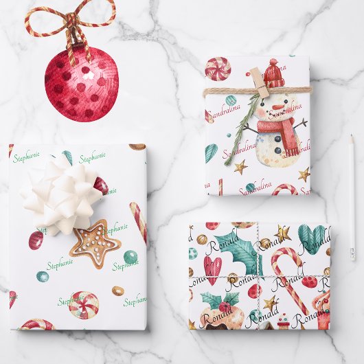 3 Namen Niedlicher Weihnachtsschneemann & Süßigkei Geschenkpapier Set