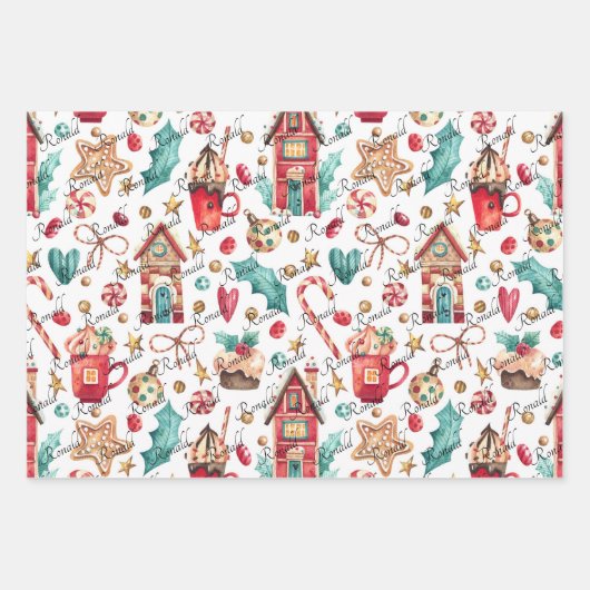 3 Namen Niedlicher Weihnachtsschneemann & Süßigkei Geschenkpapier Set (Vorderseite 3)