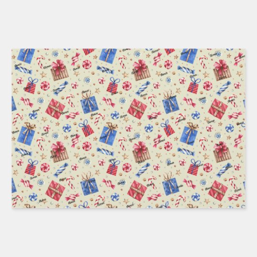 3 Namen, Pinguine Mice Rabbits Blue Red Holiday Geschenkpapier Set (Vorderseite 2)