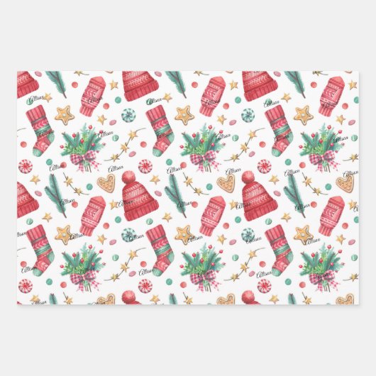3 Namen, Rot & Grün 19x29 Weihnachten Geschenkpapier Set (Vorderseite)