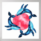 3 Niedliche Aquarellwale mit rosa Blase Poster (Vorne)