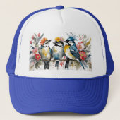 3 Niedliche Vögel, die in einer Zweigstelle in Blu Truckerkappe (Vorderseite)