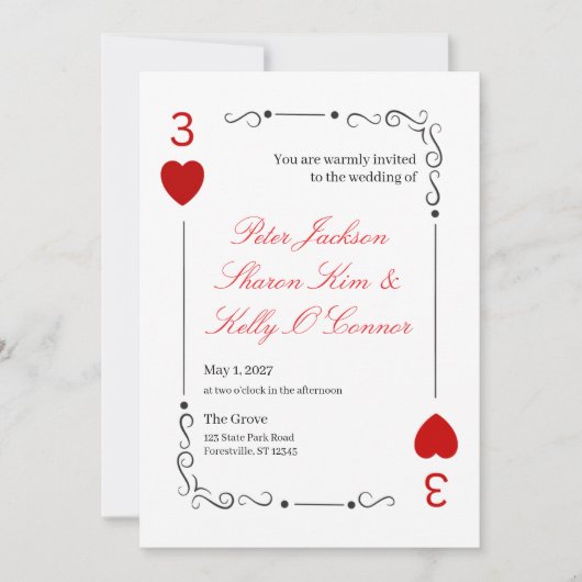 3 of Hearts Throuple Wedding Invitation Einladung (Vorderseite)