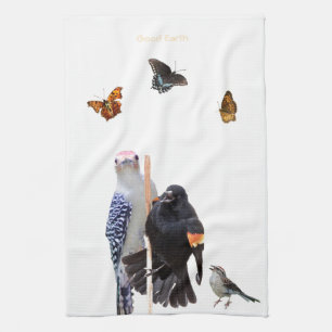 3-Östliche Vögel und 3-Schmetterlinge: Geschirrtuch
