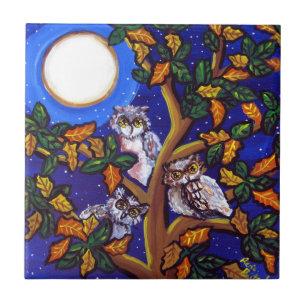 3 Owls Moon Whimsical Folklorek Fliese