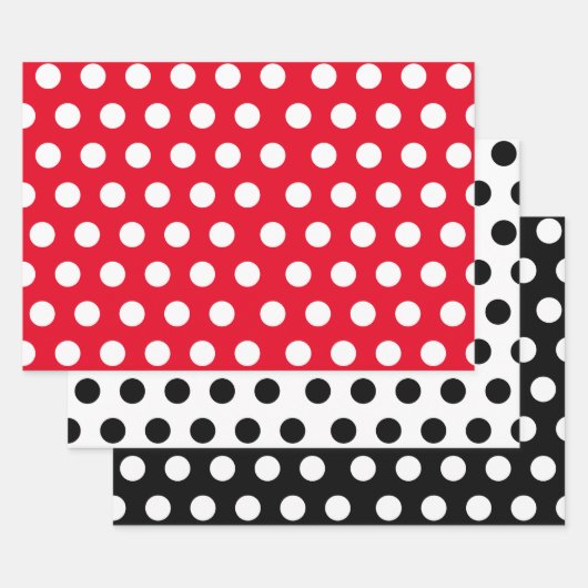 3 Packung: Polka Punkte auf Weiß & Schwarz & Rot Geschenkpapier Set (Set)