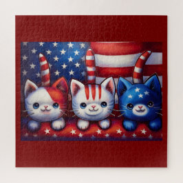 3 Patriotic Kittens In A Scene With American Flag  Puzzle