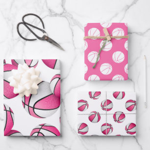 3 pc koordiniert rosa Mannschaftsfarben Basketball Geschenkpapier Set