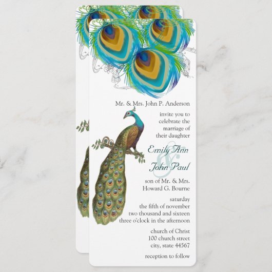 3 Peacock Feathers Art Deco Einladung (Vorne/Hinten)