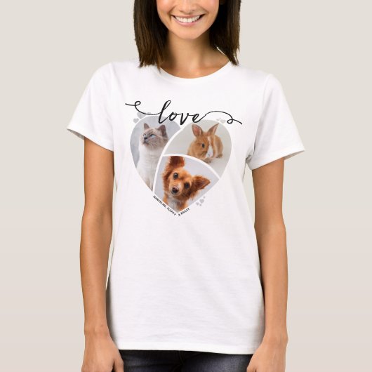 3-Pet-Fotocollage in Herzform und Liebe-Script T-Shirt (Vorderseite)