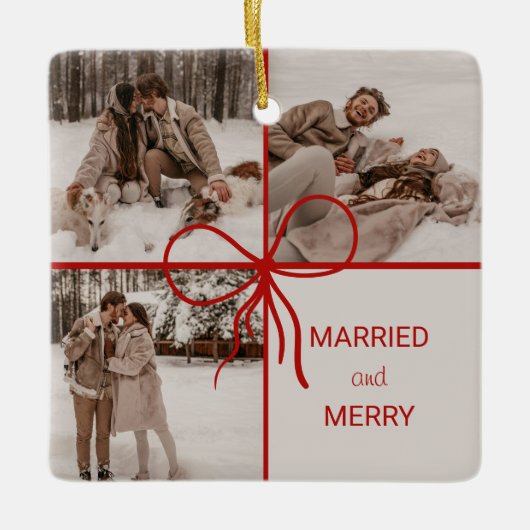 3 Photo Bow Wrap Christmas Newlyweds Modern Keramikornament (Vorderseite)