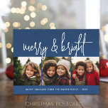 3 Photo Christmas Collage - Merry & Bright - Navy Feiertagspostkarte<br><div class="desc">FRONT DESIGN: 3 square photos and a large script font are highlights of this trendy design. A modern look for a holiday photo card with a large "merry and bright" in a funky, handwritten script font in blue and white. For advanced users, you can go to the design area and...</div>