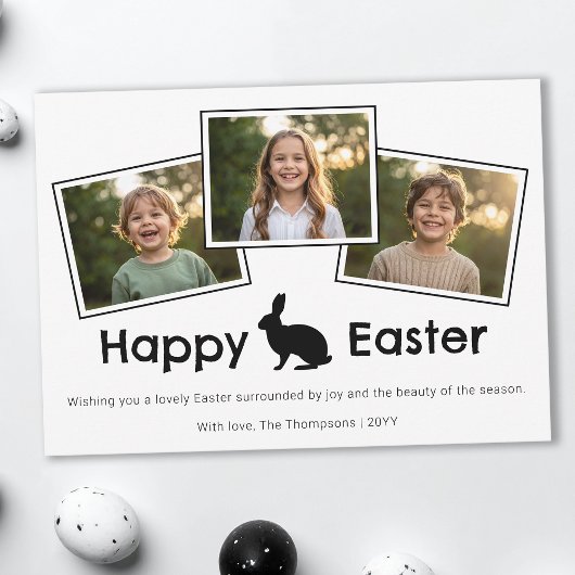 3 Photo Collage Bold Black Happy Easter With Bunny Karte