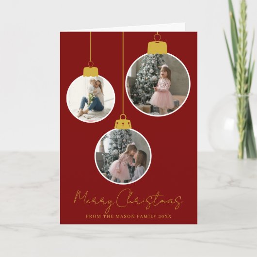 3 photo Merry Christmas bauble Photo Card Karte (Vorderseite)