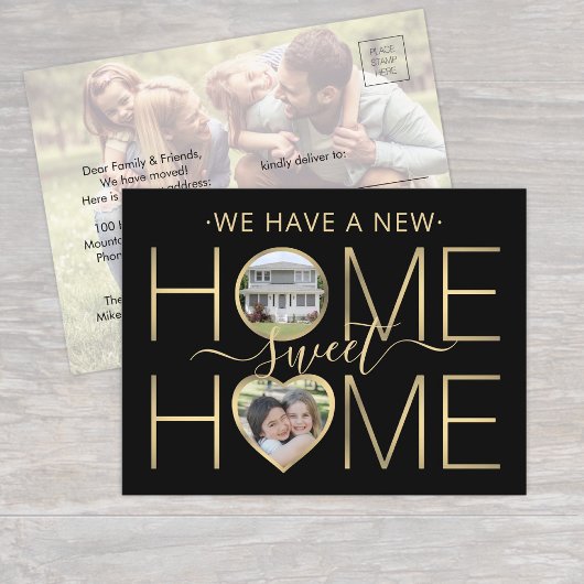 3 Photo New Home Sweet Home Modern Black and Gold Ankündigungspostkarte
