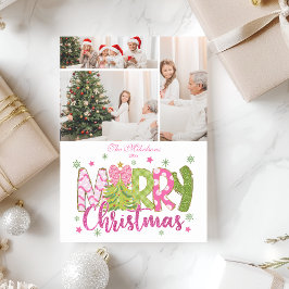 3 Photo Pink Green Bow Tree Merry Christmas Feiertagskarte