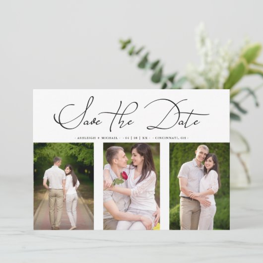 3 Photos Collage Engaged Chic Minimalist Wedding Save The Date (Stehend Vorderseite)