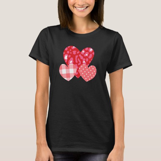 3 Pink Hearts Love Leopard Plaid Polka Dots Valent T-Shirt (Vorderseite)
