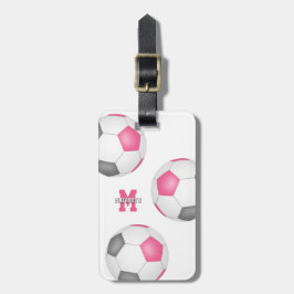 3 pinkfarbene, weiße Fußball-Bälle - Girls Gepäckanhänger
