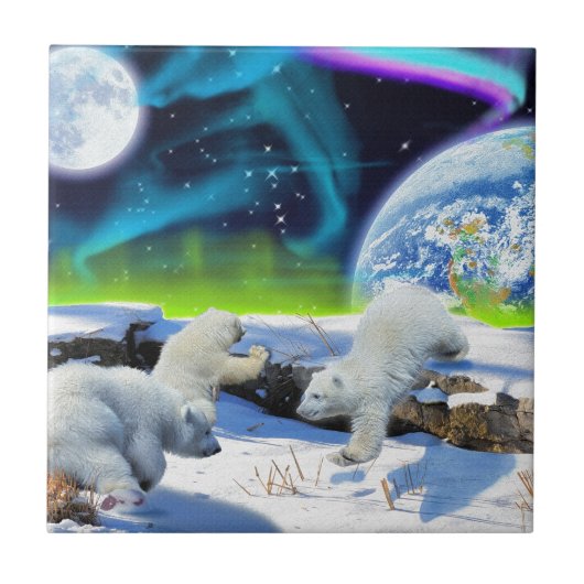 3 Polar Bear Cubs Playing in Snow - Earth Day Art Fliese (Vorderseite)
