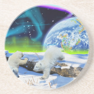 3 Polar Bear Cubs Playing in Snow - Earth Day Art Getränkeuntersetzer