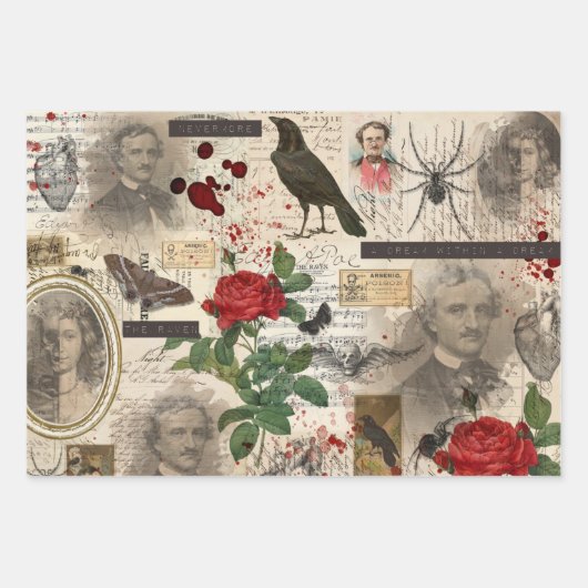 3 Pop Halloween Gothic Collage Ephemera Sheets Geschenkpapier Set (Vorderseite)