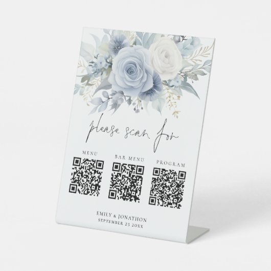 3 Qr Codes Bar Menu Programm Blue Florals Wedding Sockelschild (Vorderseite)