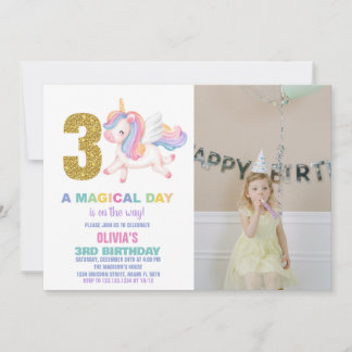 3. Rainbow Unicorn Geburtstagseinladungen mit Foto Einladung