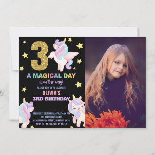 3. Rainbow Unicorn Geburtstagseinladungen mit Foto Einladung
