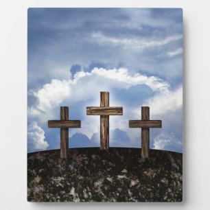 3 raue Kreuze mit Himmel Fotoplatte