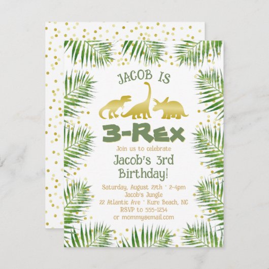 3 Rex Dinosaur Tropische Vegetation Junge 3. Gebur Einladung (Vorne/Hinten)