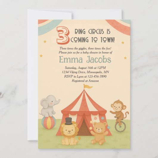 3 Ring Circus Triplet Baby Shower Invitation Einladung (Vorderseite)