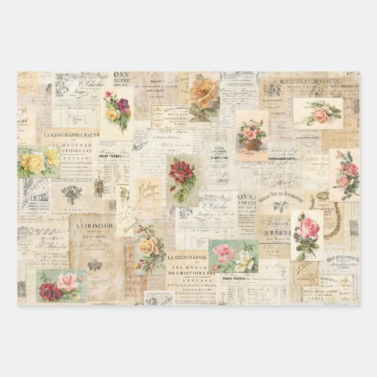 3 Romantische Rose Collage Ephemera Sheets Geschenkpapier Set (Vorderseite 3)