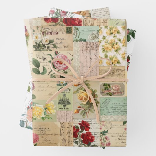 3 Romantische Rose Collage Ephemera Sheets Geschenkpapier Set (Beispiel)
