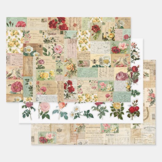 3 Romantische Rose Collage Ephemera Sheets Geschenkpapier Set (Set)