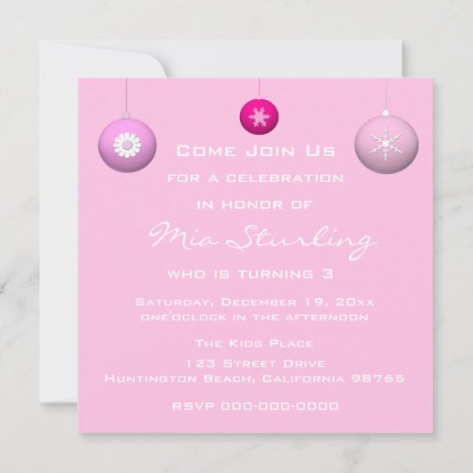 3 Rosa Schneeflocken-Blume-Ornamente Einladung (Rückseite)