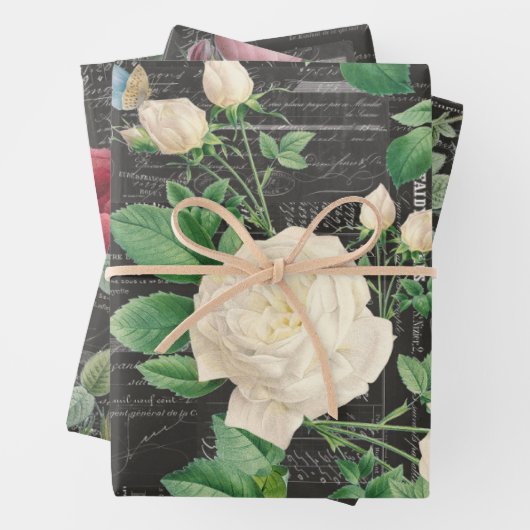 3 Rose Holzkohlekollektion Ephemera Sheets Geschenkpapier Set (Beispiel)
