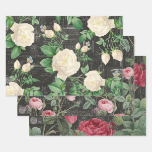 3 Rose Holzkohlekollektion Ephemera Sheets Geschenkpapier Set