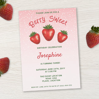 3 Rote Erdbeeren auf rosa Berry Sweet Birthday Einladung