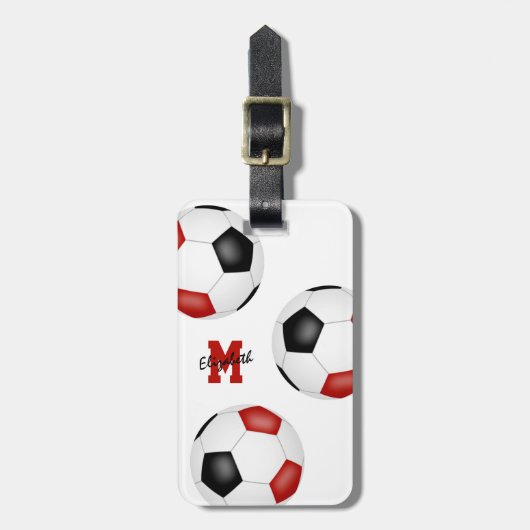 3 rote schwarze Fußballbälle mit Monogramm Gepäckanhänger (Vorderseite vertikal)