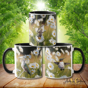 3 Ruby-Throated Hummingbirds "In Field of Daisys" Tasse