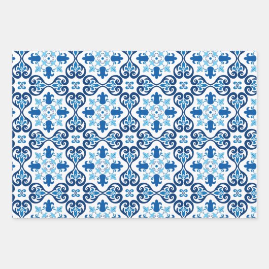  😍 3 Schönes Blaues Azulejos-Wrapping  Geschenkpapier Set (Vorderseite)