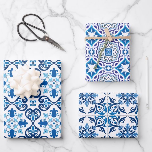 😍 3 Schönes Blaues Azulejos-Wrapping Geschenkpapier Set (Vorderseite)